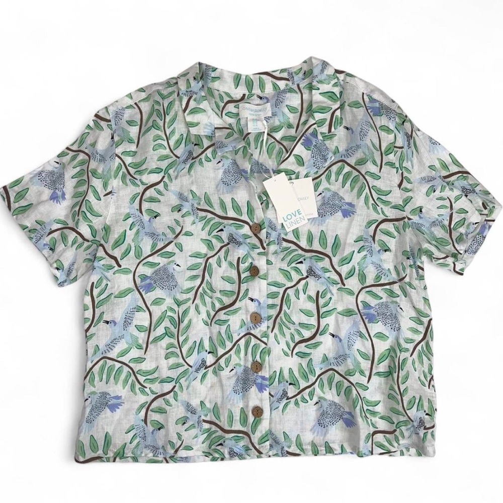 Cynthia Rowley Linen Button-up Shirt Bird Leaf Novelty Cottagecore Summer Medium